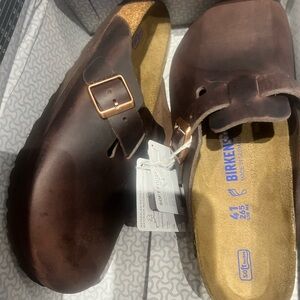 Birkenstock Brown Sandals with Cork Footbed and Brass Buckle
